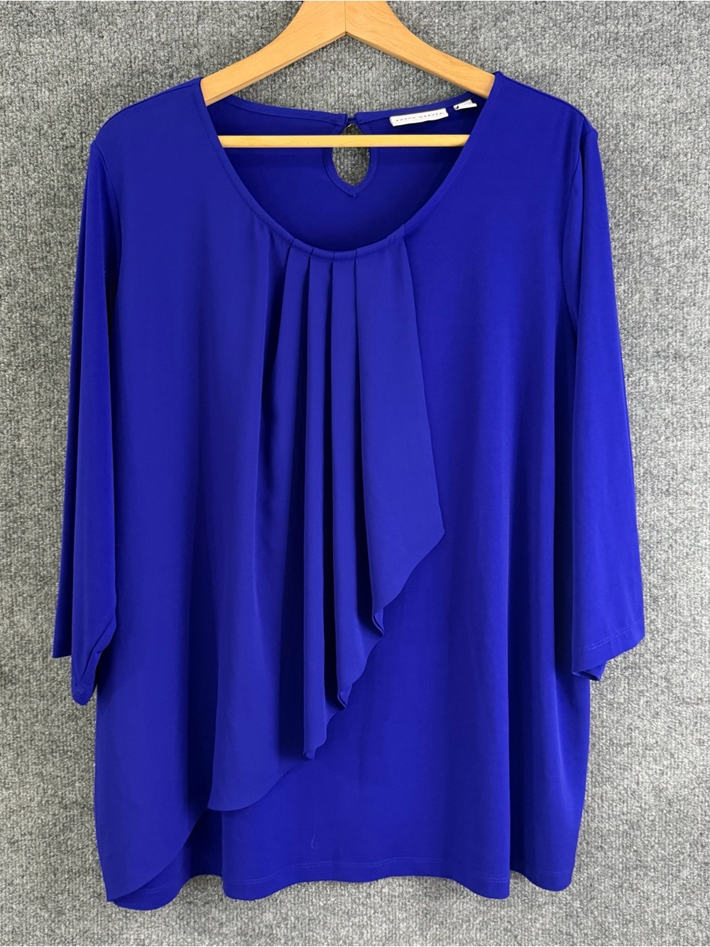 Susan Graver Womens 2X Liquid Knit Ruffle Front Top Blue 3/4 Sleeve Office